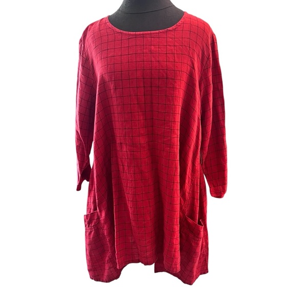 Cut Loose Red Windowpane Check Linen Tunic Large - Picture 1 of 10